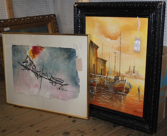 Clement - oil on canvas, Sunset quayside scene & another painting on ricepaper signed Redwood